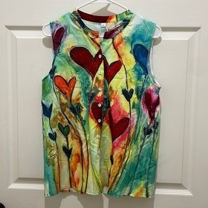 Sleeveless Button-Down Top with Multicolor Heart Print